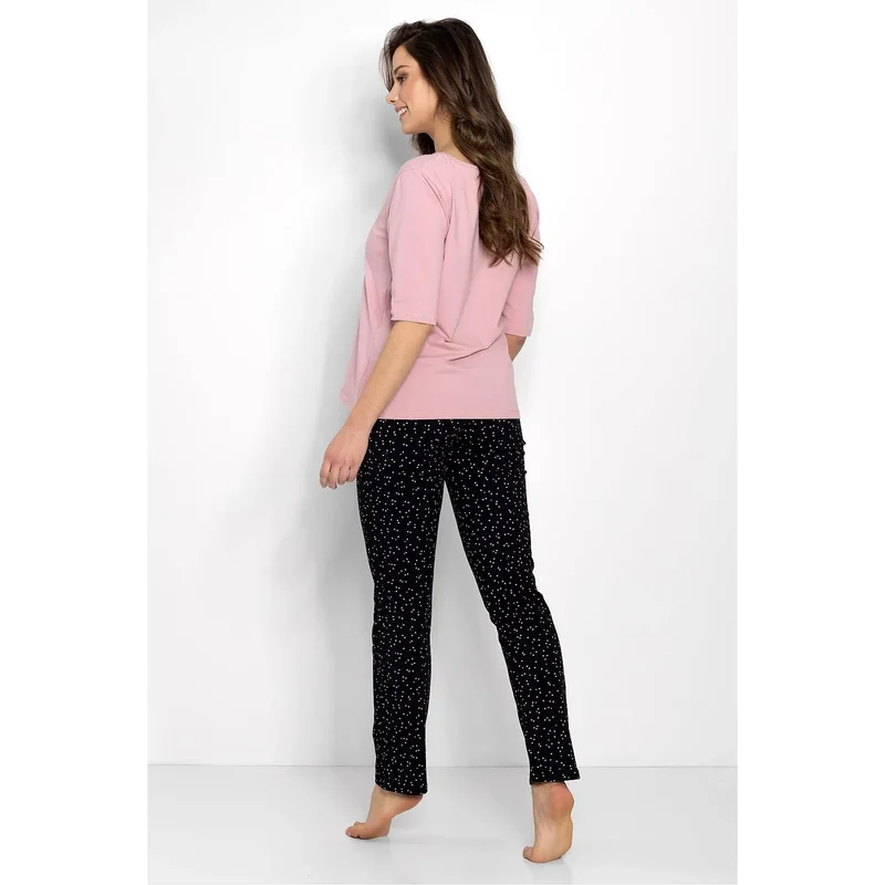pyjama coton doux hypoallergénique féminin élégant confortable chemisier manches trois quarts encolureouverte pantalon ajusté élastiquée rose pâle noir pois blancs