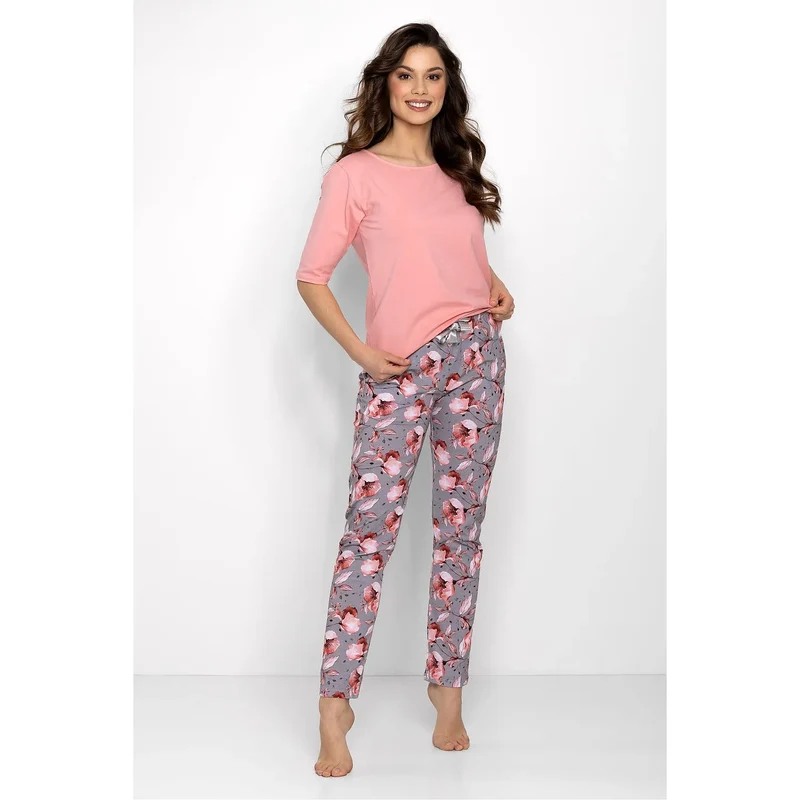 Pyjama femme coton doux respirant hypoallergénique manches trois quarts encolure arrondie pantalon long motif floral gris rose taille élastiquée confortable