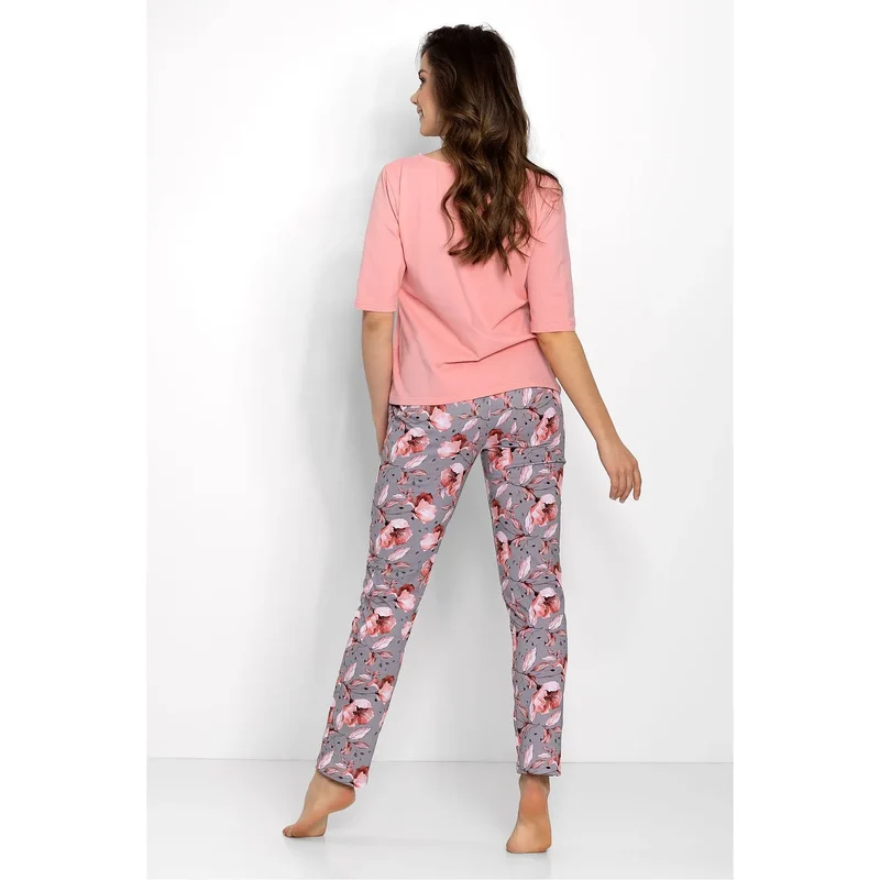 Pyjama femme coton doux respirant hypoallergénique manches trois quarts encolure arrondie pantalon long motif floral gris rose taille élastiquée confortable