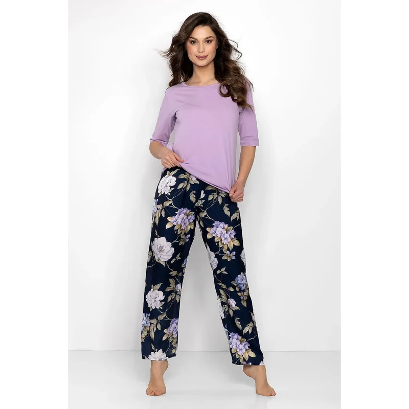 pyjama femme coton viscose doux élégant manches mi longues pantalon ample taille elastique motifs floraux lavande bleu marine respirant confortable