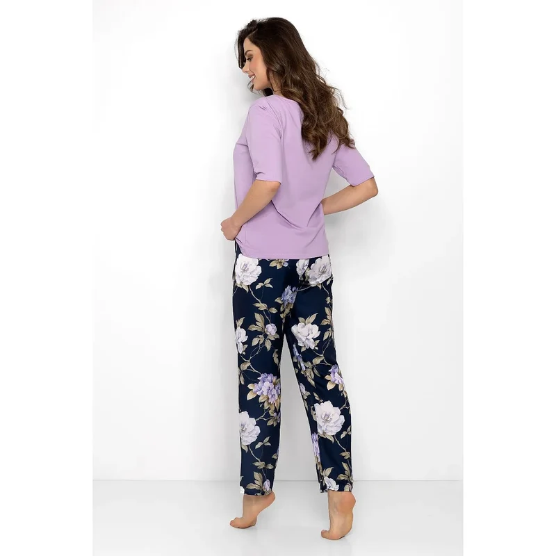 pyjama femme coton viscose doux élégant manches mi longues pantalon ample taille elastique motifs floraux lavande bleu marine respirant confortable