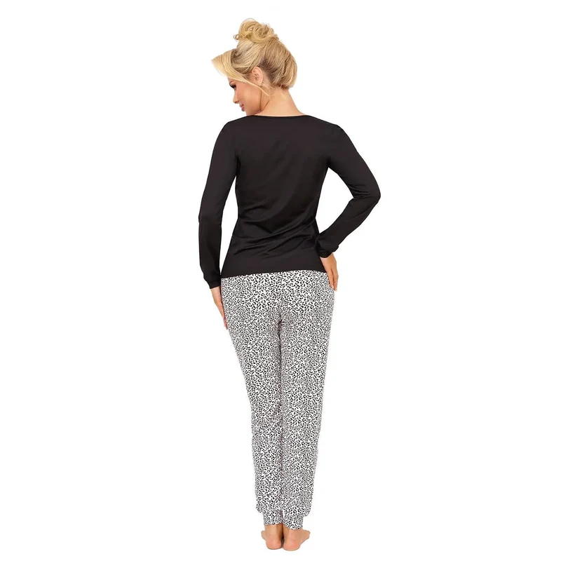 Pyjama femme élégant en V noir motif cœur inscription Wild Love pantalon léopard intérieur doux confortable