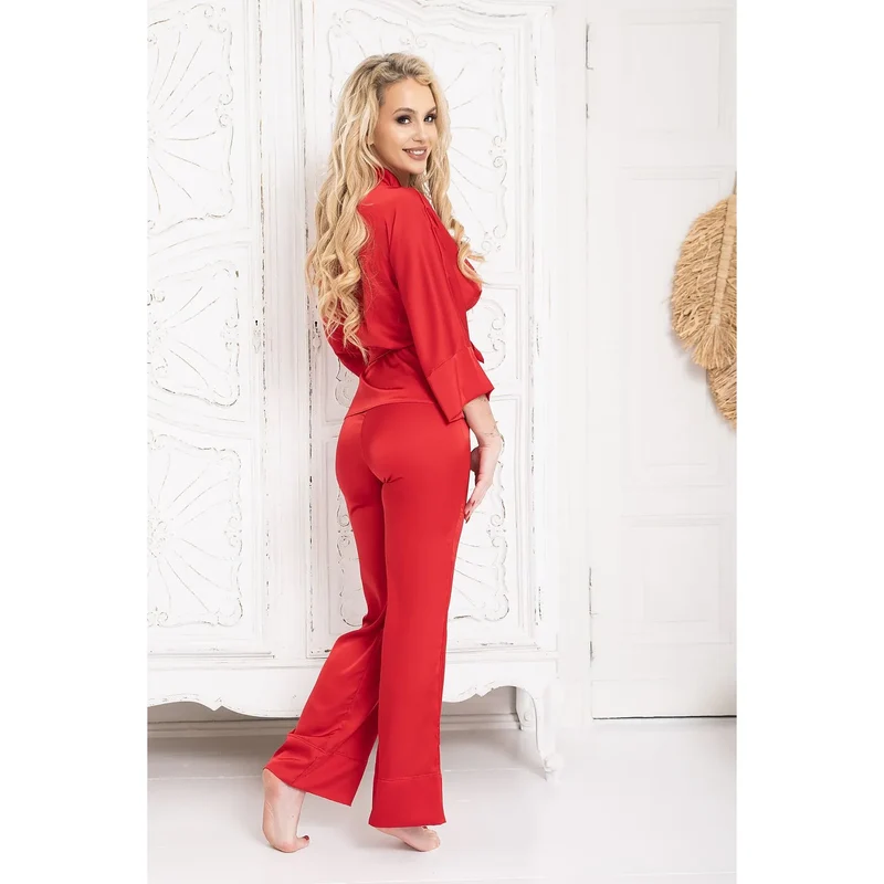 Ensemble lingerie élégante satin de luxe kimono veste pantalon rouge vif femmes confort sexy intimité