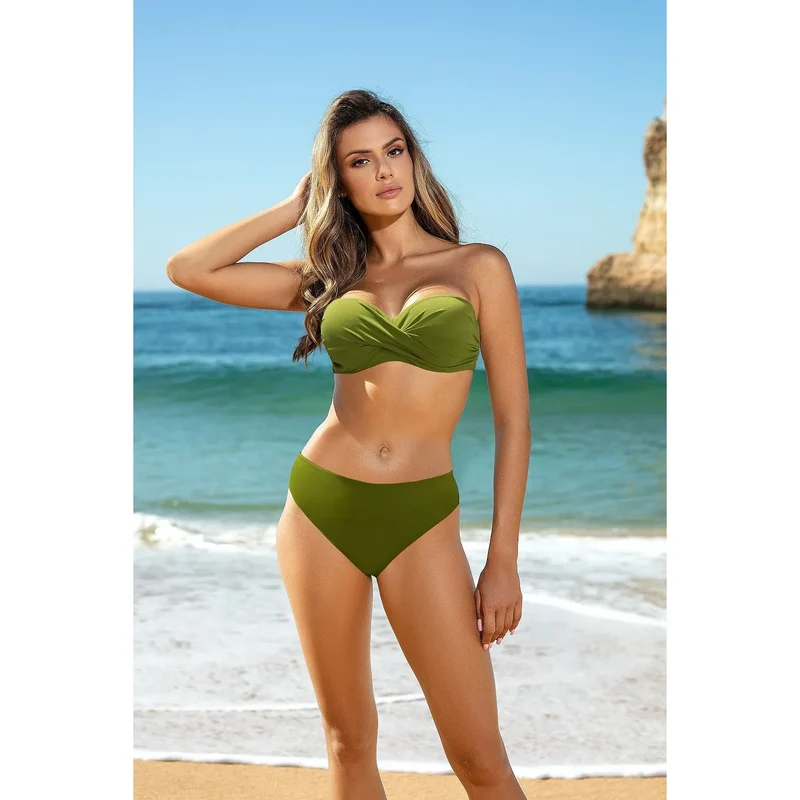 Maillot de bain deux pièces bandeau froncé taille haute vert olive Etna 194012 fonctionnalité confort plage piscine