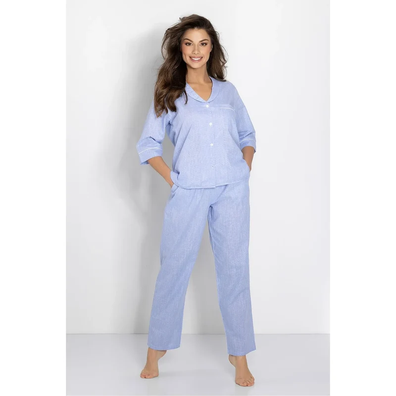 Pyjama femme confort élégance oversize manches 3/4 passepoils poche poitrine tissu doux aéré Momenti Per Me