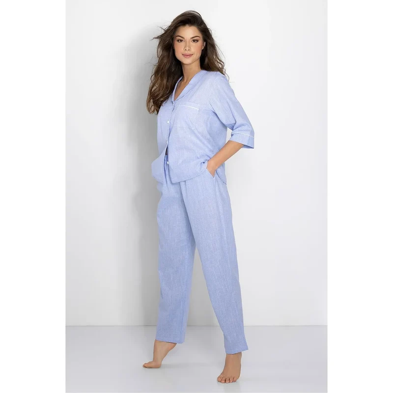 Pyjama femme confort élégance oversize manches 3/4 passepoils poche poitrine tissu doux aéré Momenti Per Me