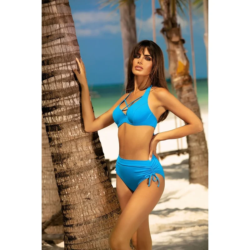 Maillot de bain deux pièces élégant confortable plage bikini taille haute lacets décoratifs Polyester élasthanne Lorin