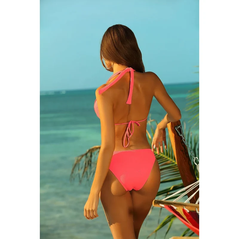 Maillot de bain deux pièces sexy halter neck bikini vibrant pink ajustable soutien-gorge rembourré confiance plage