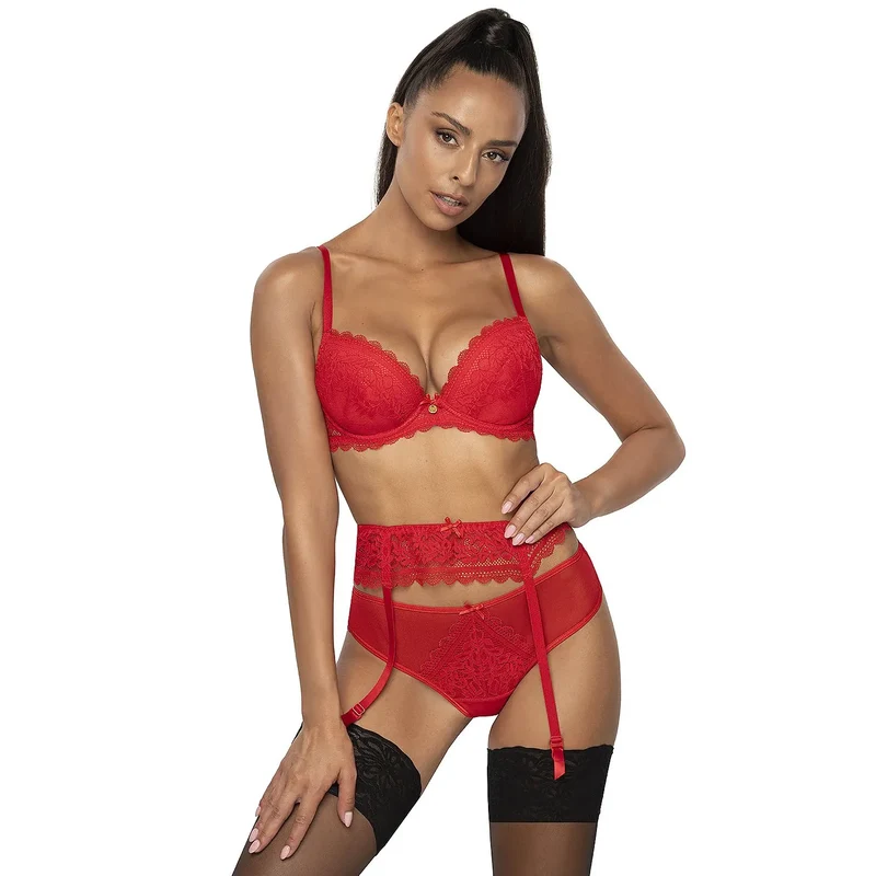 Ensemble lingerie rouge dentelle floral culotte porte-jarretelles ajustables nœuds satin taille élasthanne polyamide sextoy lingerie érotique