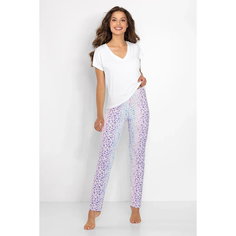 pyjama femme confortable élégant décontracté chemisier manchescourtes col pantalon long droit motif léopard multicolore pastel viscose lycra élastiquée