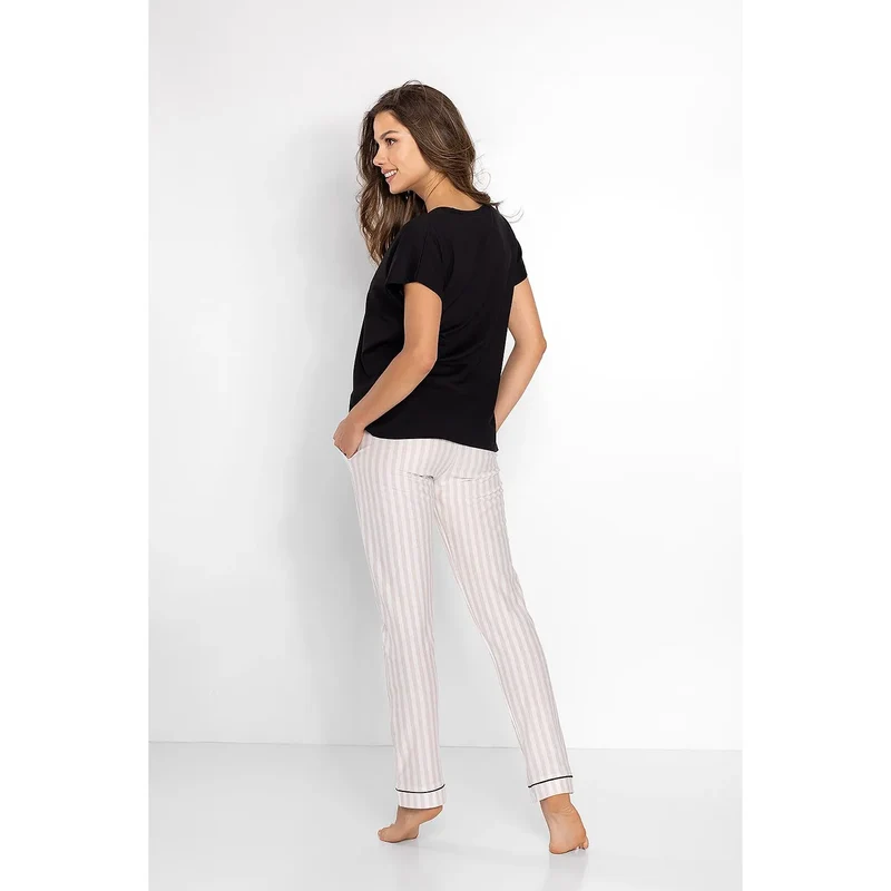 pyjama femme élégant confortable viscose lycra coton chemisier manchescourtes colV pantalon rayé vertical blanc beige ceintureélastique noeudpapillon pocheslatérales respirant