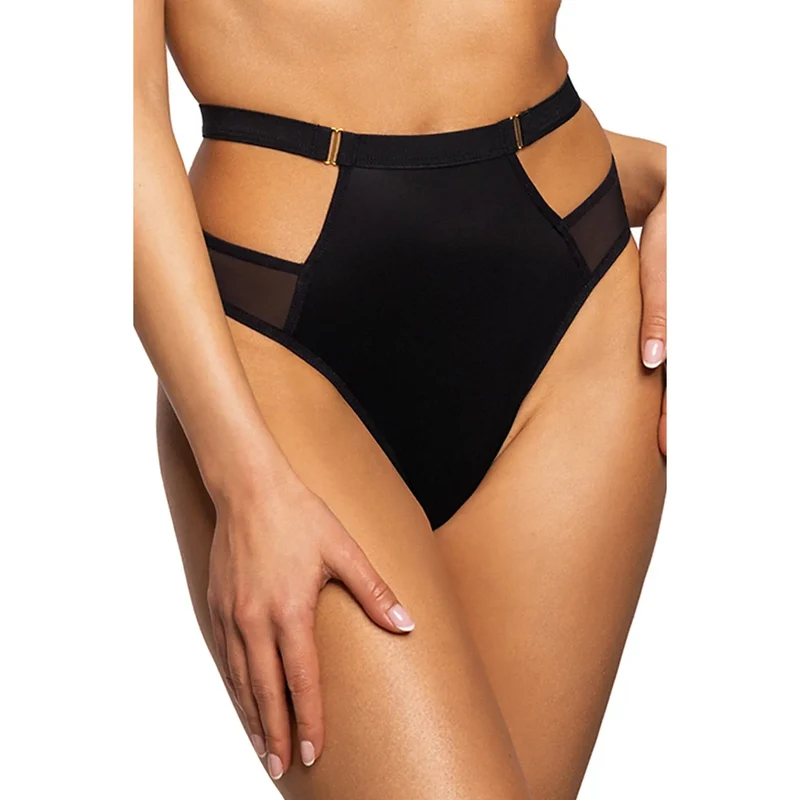 String taille haute sexy échancrures latérales maille transparente culotte moderne féminine lingerie élégante noire comfort ajustable