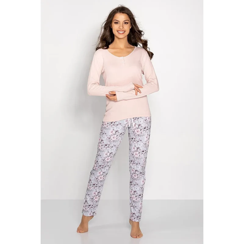 pyjama féminin élégant confortable hypoallergénique coton respirant doux imprimé floral rose gris haut pull manches longues pantalon long
