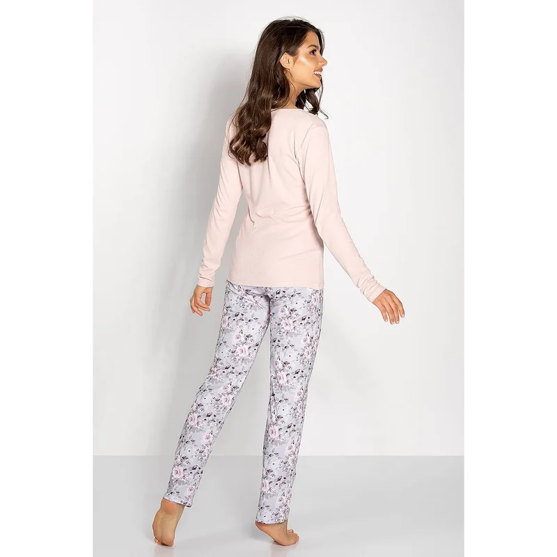pyjama féminin élégant confortable hypoallergénique coton respirant doux imprimé floral rose gris haut pull manches longues pantalon long