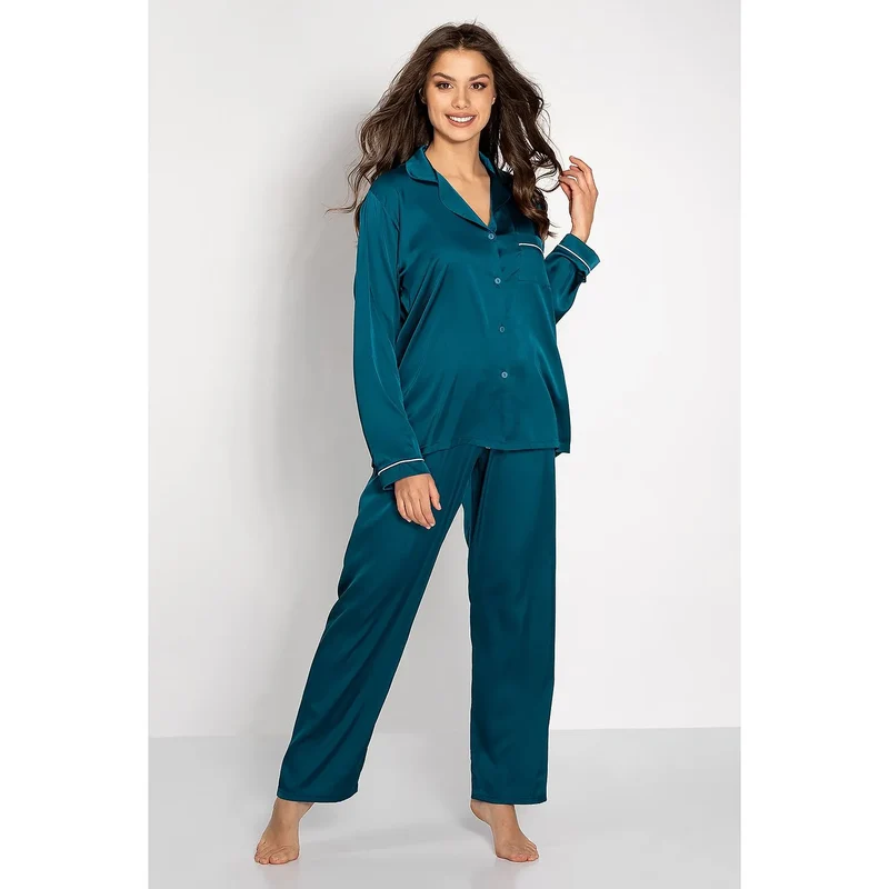 Pyjama élégant femmes vert sarcelle satin soie doux pyjama intime confortable V-neck longues manches passementerie satin