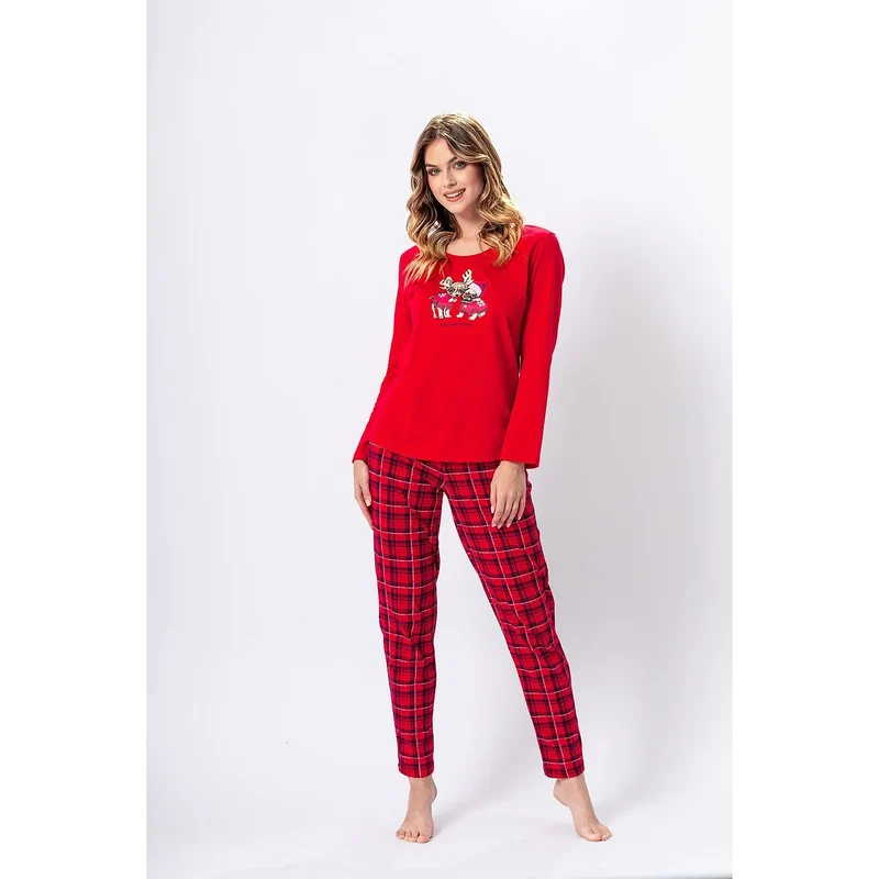pyjama coton fin femme confort doux respirant manches longues pull imprimé pantalon carreaux rouge noir sexy romantique cocooning élégant