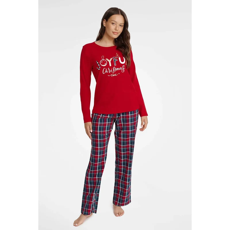 Pyjama femme coton doux Noël rouge carreaux pantalon taille élastique haut manches longues col rond ajusté confortable