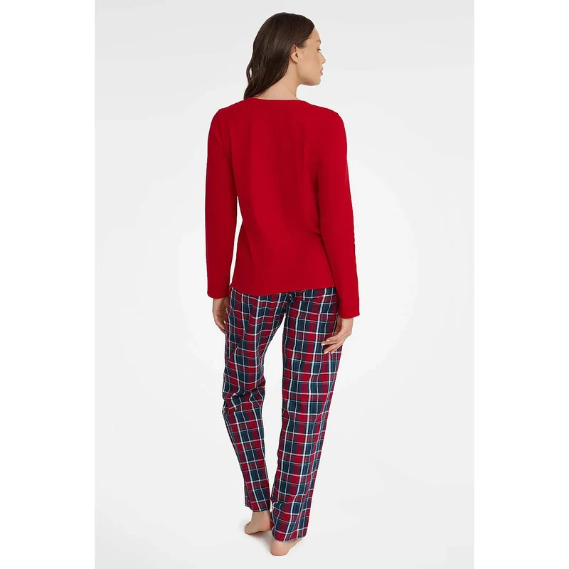Pyjama femme coton doux Noël rouge carreaux pantalon taille élastique haut manches longues col rond ajusté confortable