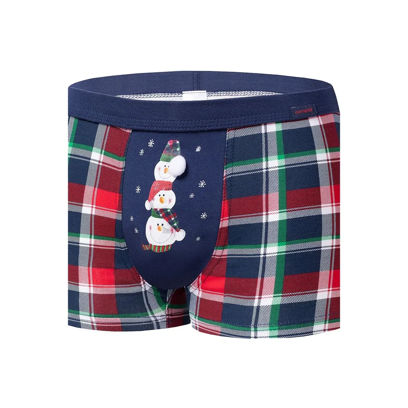 Boxer homme design festif bonhommes de neige carreaux rouge vert bleu marine coton élastique confort Waistband cadeau Noel