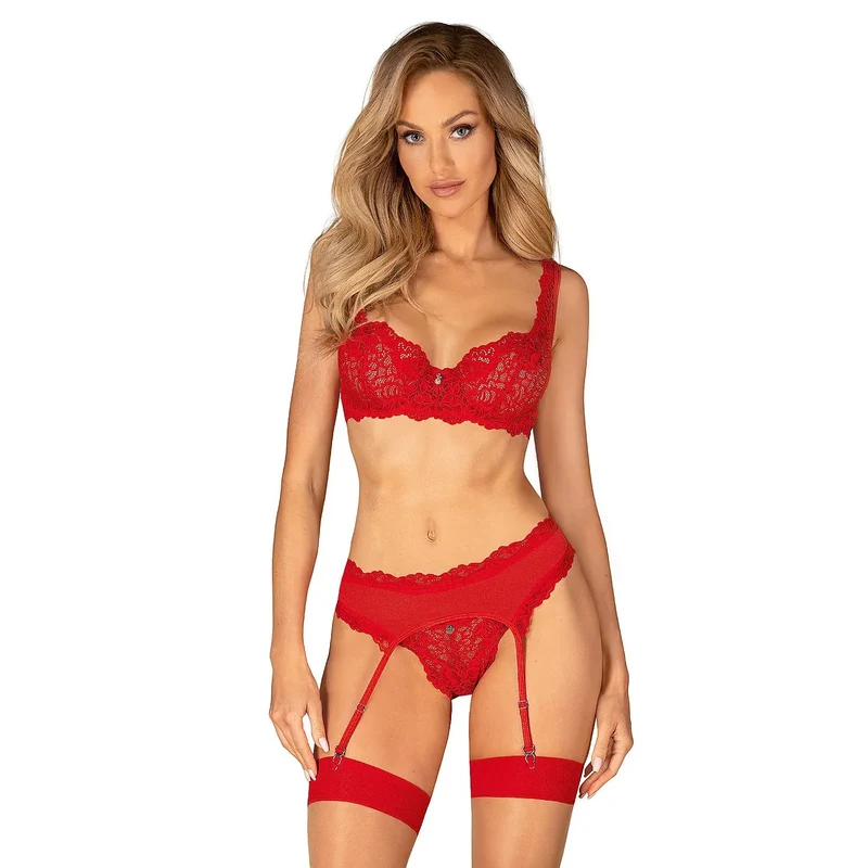 L'ensemble sexy model 188973 Obsessive lingerie sensuelle dentelle rouge ajustables soutien-gorge culotte ceinture bijou occasion spéciale