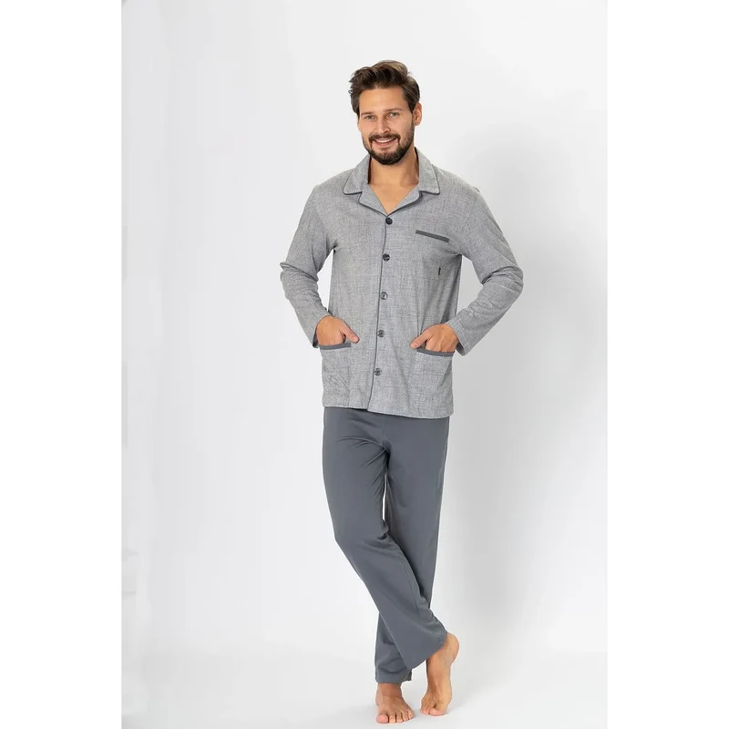 pyjama homme élégant coton biologique confortable respirant doux hypoallergénique écoresponsable gris texturé col rabattu boutonnage discret poches contrastantes taille élastique
