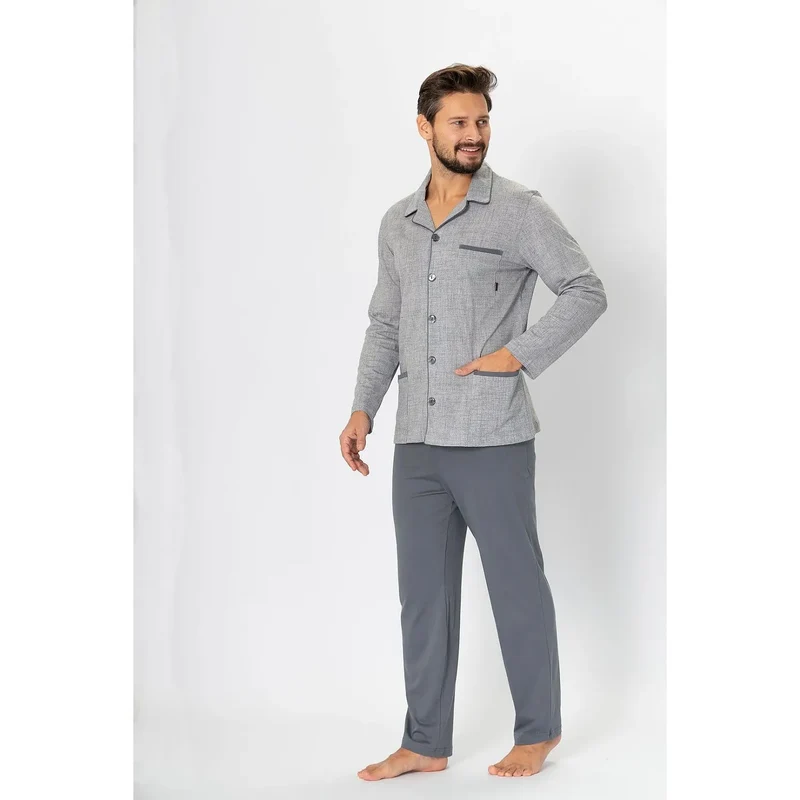 pyjama homme élégant coton biologique confortable respirant doux hypoallergénique écoresponsable gris texturé col rabattu boutonnage discret poches contrastantes taille élastique