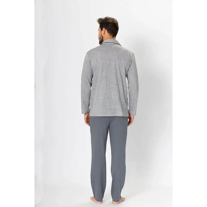 pyjama homme élégant coton biologique confortable respirant doux hypoallergénique écoresponsable gris texturé col rabattu boutonnage discret poches contrastantes taille élastique