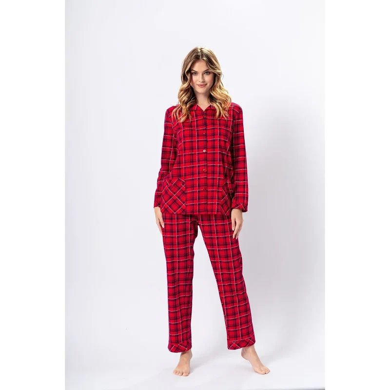 Pyjama classique coton plaid rouge noir confortable doux respirant hypoallergénique manches longues pantalon chemisier ceinture élastique élégant intemporel