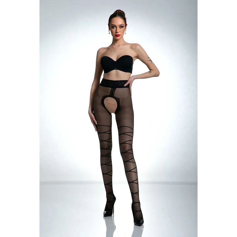 collant ouvert croisé dentelle érotique confortable ajustable ceinture élastique entrejambe translucide lisse extensible nylon élasthanne noir silhouette sexy audacieux