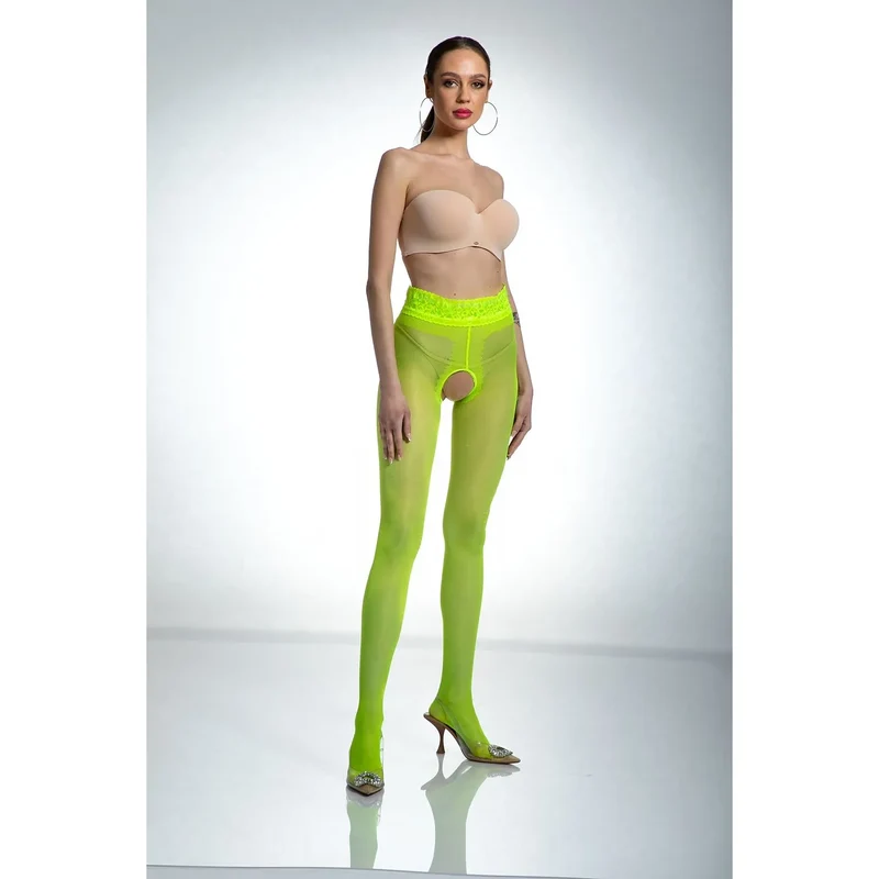 Collant érotique audacieux ouverture entrejambe dentelle silicone nylon spandex jaune fluo extensible maintien ceinture ajustable confortable silhouette sensuel soirée intime