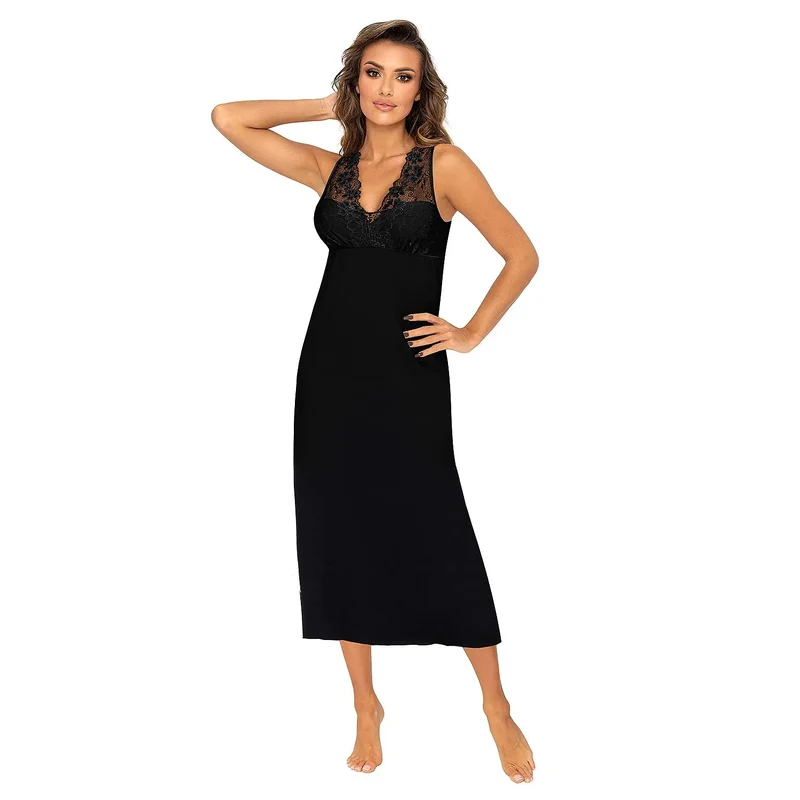 Robe de nuit élégante viscose dentelle design Bardot couleur noire lingerie sexy idéale pour les occasions spéciales