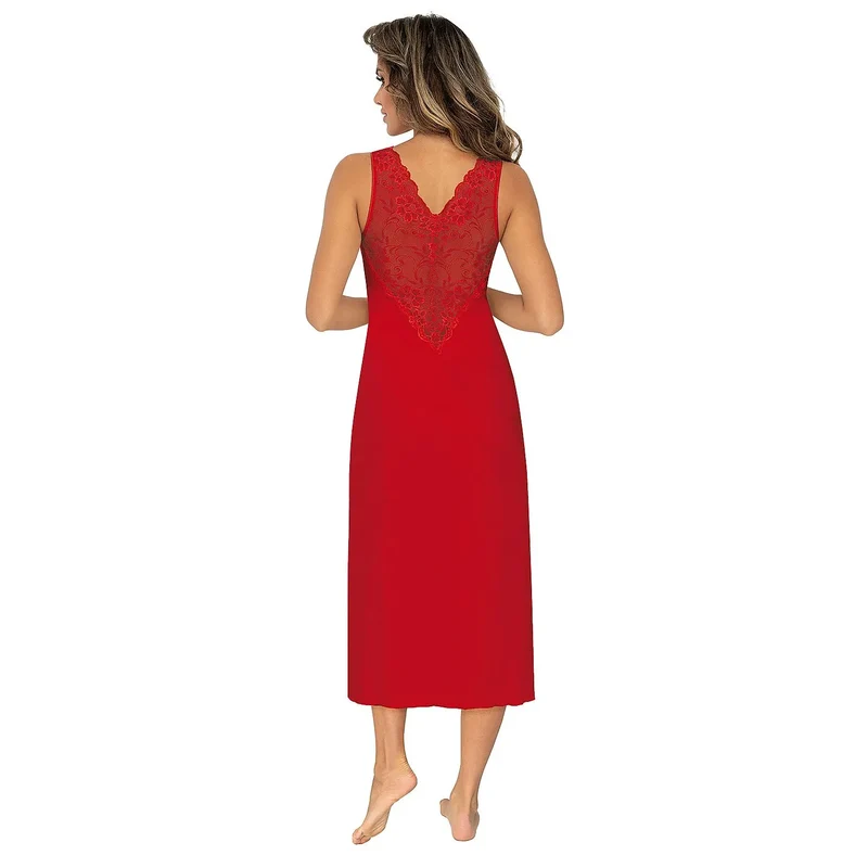 chemise nuit élégante dentelle rouge sensuelle viscose fluide longueur mi mollet décolleté plongeant bretelles larges élastique broderies fleuries
