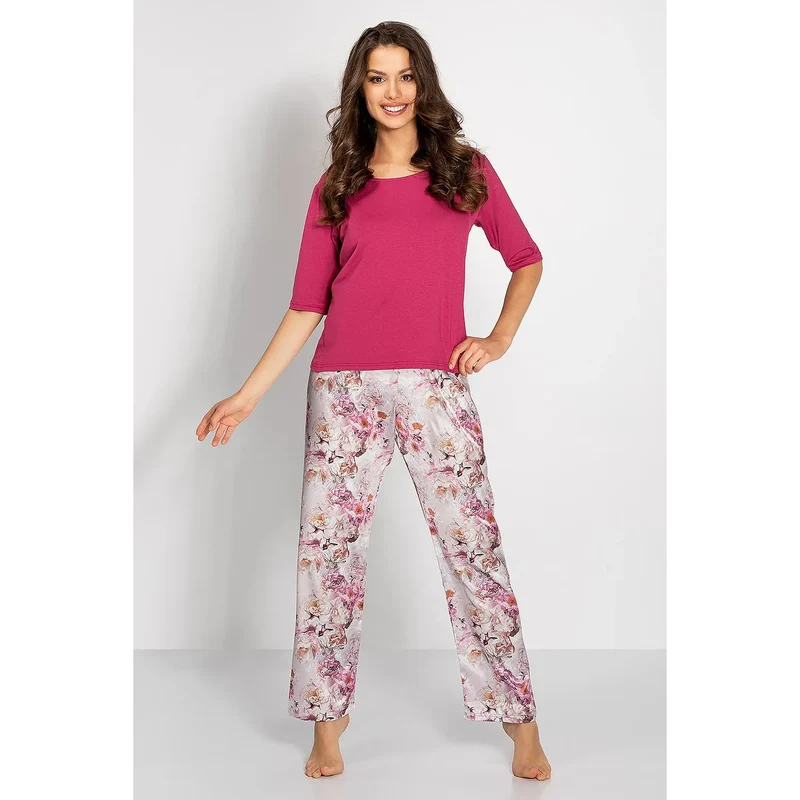pyjama féminin élégant confortable coton mélange floral rose blanc chemisier manches courtes pantalon long taille élastique respirant doux