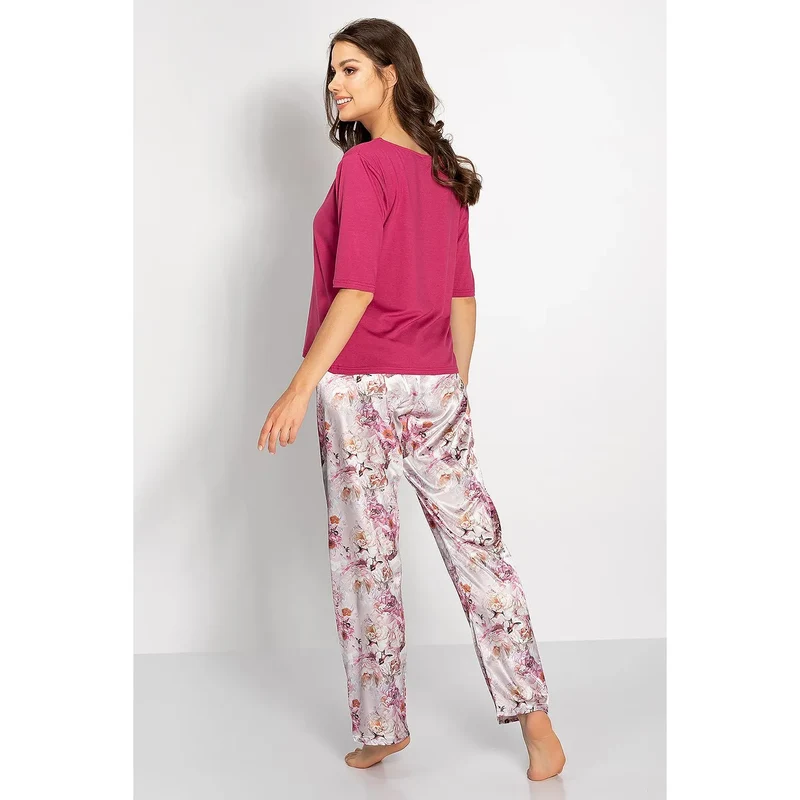 pyjama féminin élégant confortable coton mélange floral rose blanc chemisier manches courtes pantalon long taille élastique respirant doux