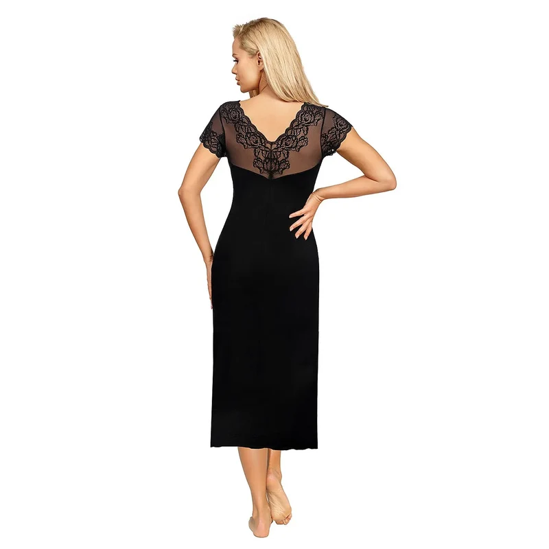 Chemise de nuit élégante en dentelle noire model 187311 Donna V-neck épaules nues nuisette sexy lingerie intime