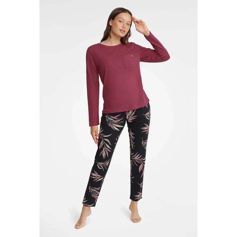 pyjama femme élégant confortable intime deux pièces coton doux bordeaux manches longues poche poitrine pantalon noir motifs feuilles