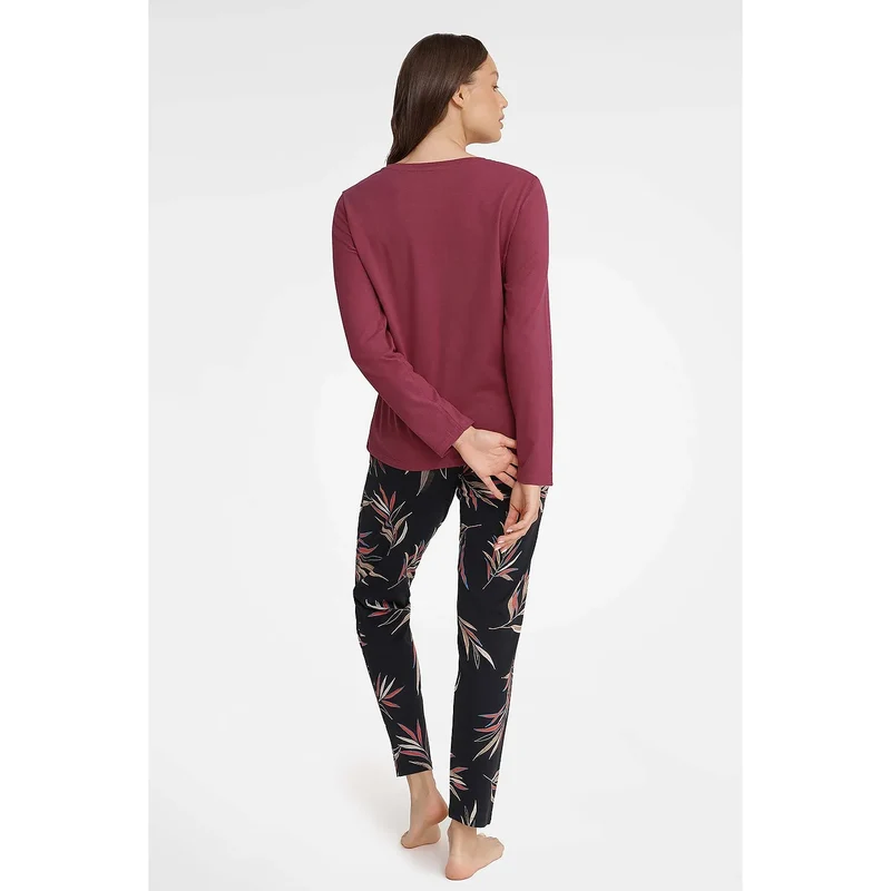 pyjama femme élégant confortable intime deux pièces coton doux bordeaux manches longues poche poitrine pantalon noir motifs feuilles
