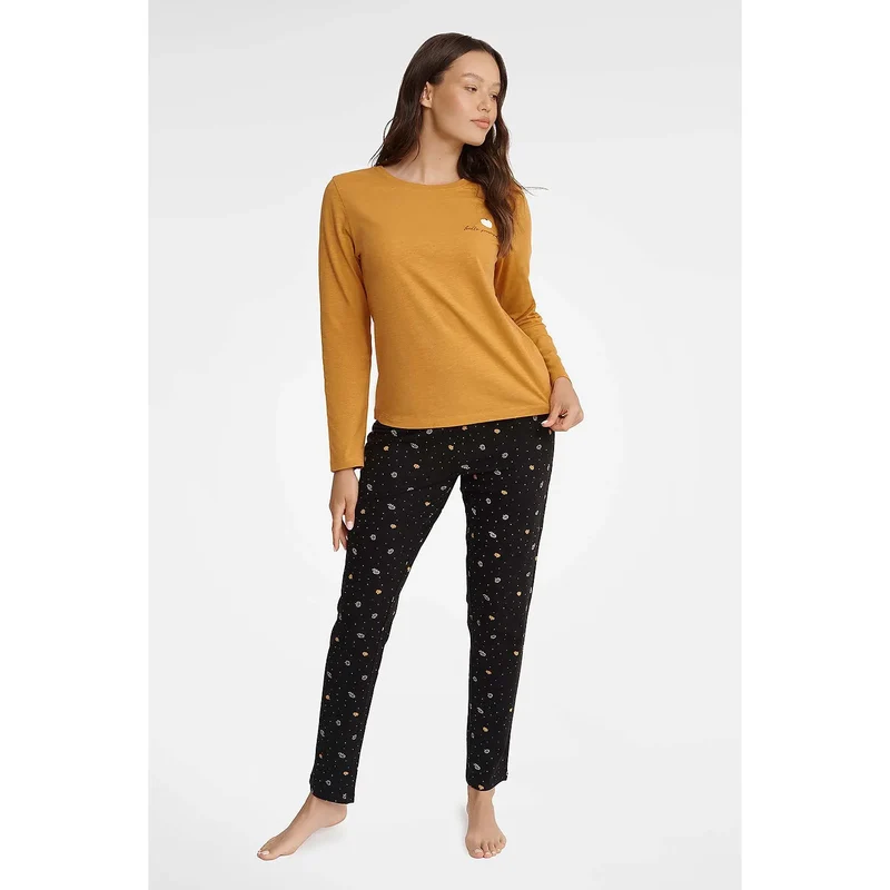 Pyjama deux pièces femme confortable élégant pyjama coton moutarde noir motifs amples taille élastique lingerie détente intime