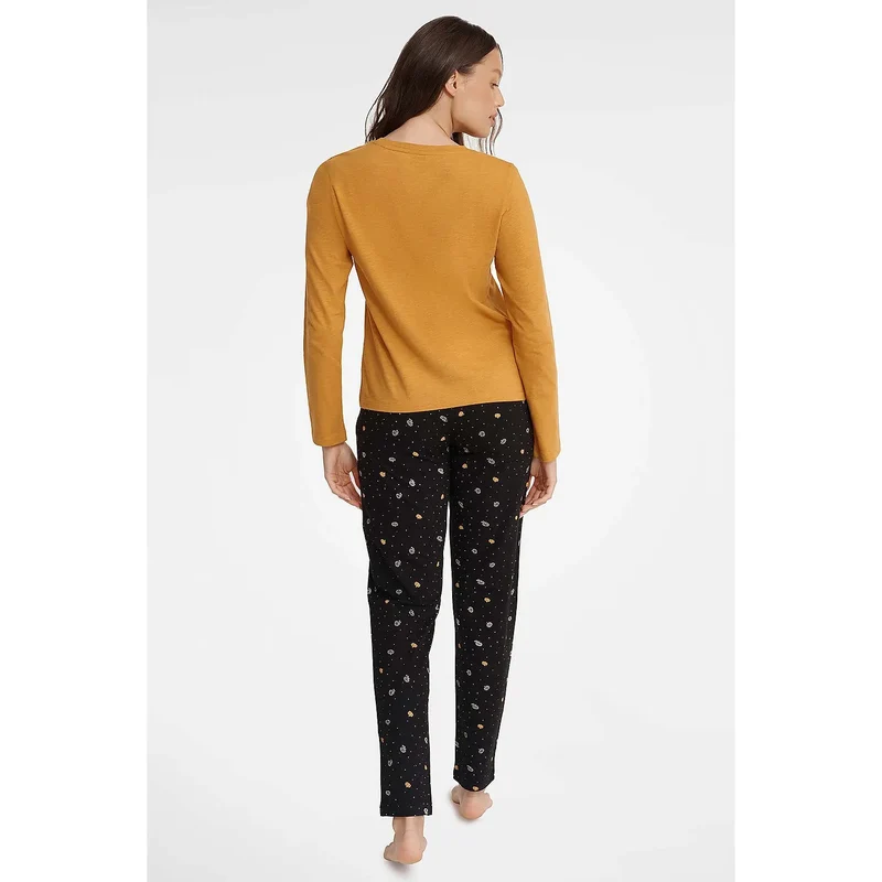 Pyjama deux pièces femme confortable élégant pyjama coton moutarde noir motifs amples taille élastique lingerie détente intime