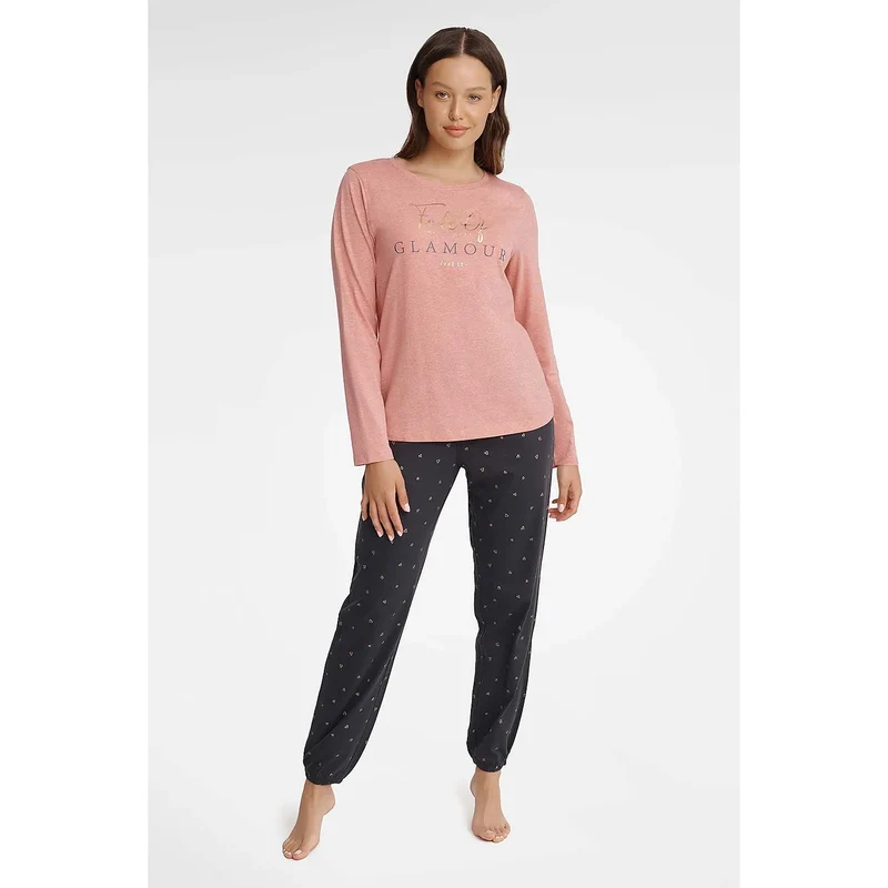 Pyjama Femme Élégant Confort Doux Coton Manches Longues Glamour Rose Pâle Imprimé Pantalon Noir Coupe Ample Ceinture Élastique