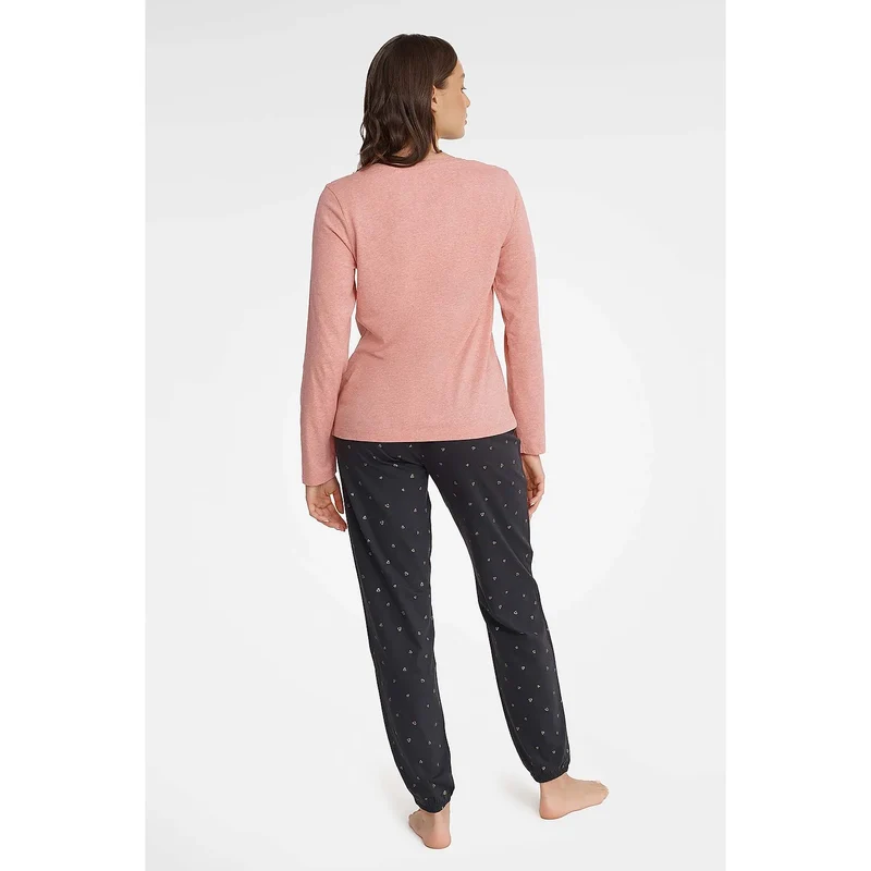Pyjama Femme Élégant Confort Doux Coton Manches Longues Glamour Rose Pâle Imprimé Pantalon Noir Coupe Ample Ceinture Élastique