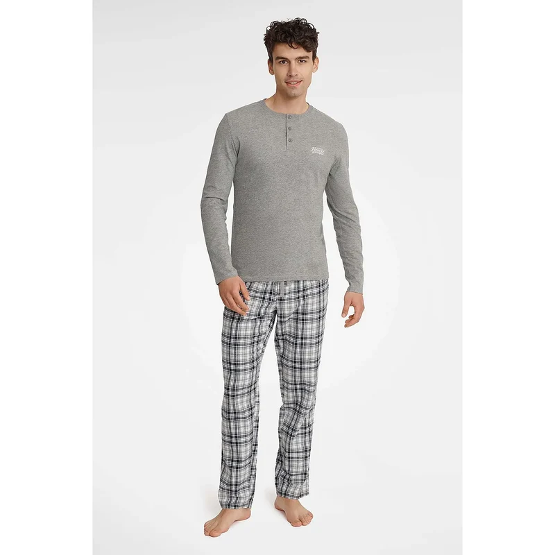 pyjama homme coton polyester manches longues encolure demi ronde boutons pantalon carreaux noir blanc gris ceinture élastique