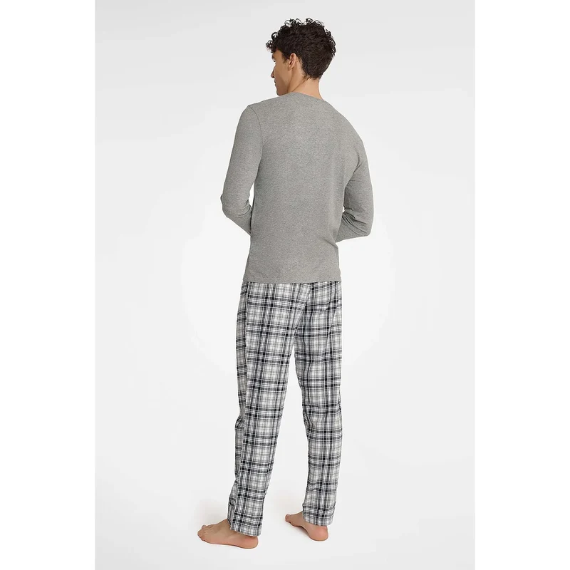 pyjama homme coton polyester manches longues encolure demi ronde boutons pantalon carreaux noir blanc gris ceinture élastique