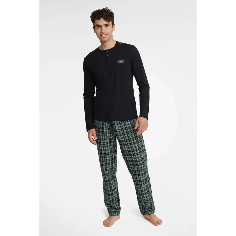 pyjama homme intemporel confort premium coton pur manches longues encolure demi ronde pantalon carreaux vert noir