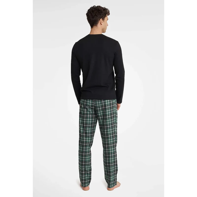 pyjama homme intemporel confort premium coton pur manches longues encolure demi ronde pantalon carreaux vert noir
