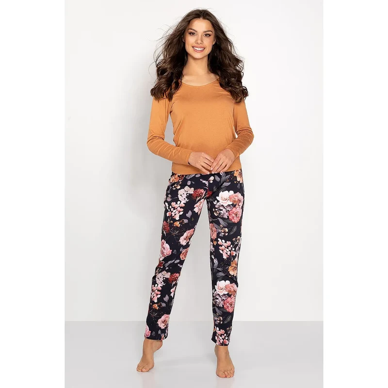 Pyjama femme en matières naturelles chemisier manches longues encolure U pantalon coloré ceinture élastique Pologne coton viscose lycra