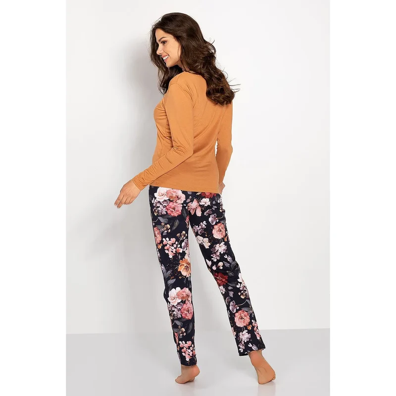 Pyjama femme en matières naturelles chemisier manches longues encolure U pantalon coloré ceinture élastique Pologne coton viscose lycra