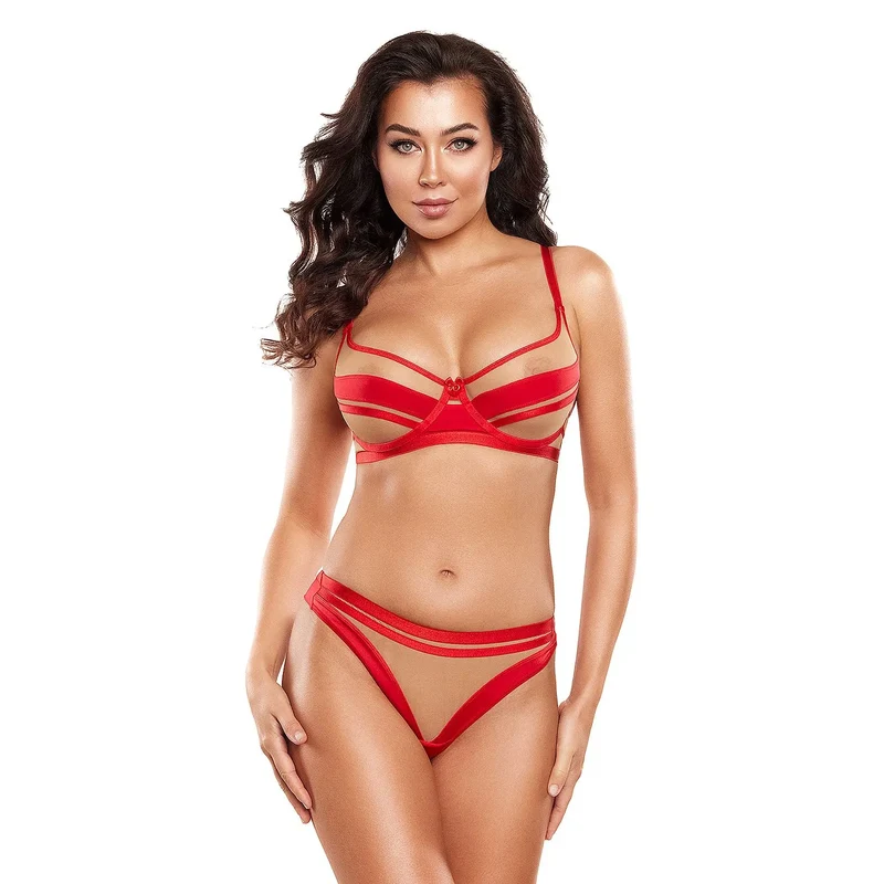 Soutien-gorge string rouge Axami 183689 culotte tulle gousset coton confort féminité lingerie sexy intime taille S M L XL XXL
