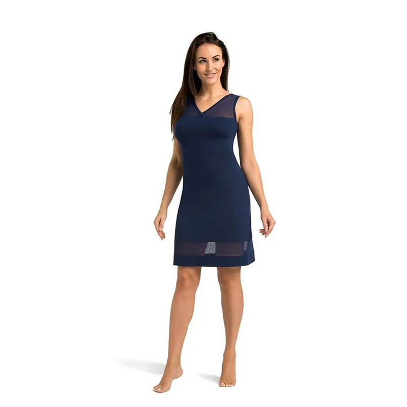 Chemise de nuit élégante pour femme en viscose maille transparente bleu foncé décolleté en V dos exposé ajustée nuisette raffinée lingerie intime