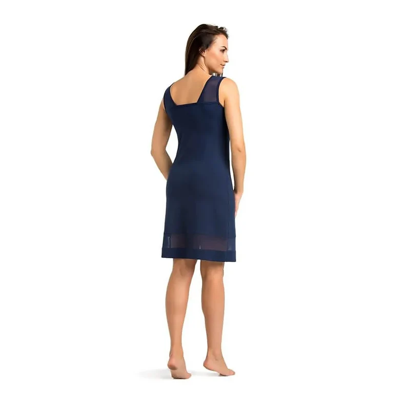 Chemise de nuit élégante pour femme en viscose maille transparente bleu foncé décolleté en V dos exposé ajustée nuisette raffinée lingerie intime